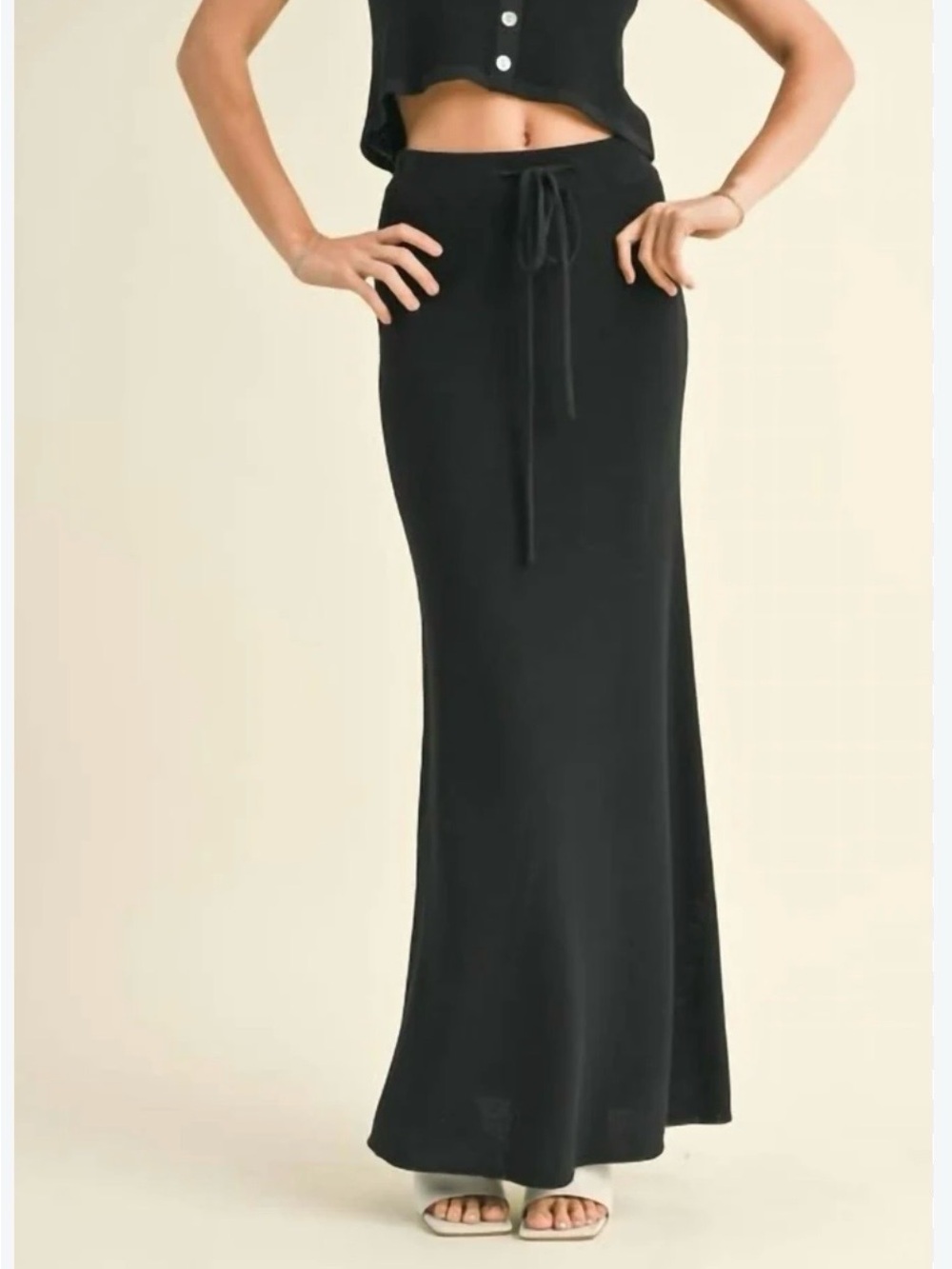 Miou Muse Black Knit Maxi Skirt - drawstring waist - fall & winter wear